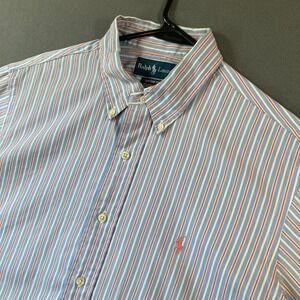 Ralph Lauren Mens 16.5 34/35 Custom Fit Striped Button Down Shirt Blue Orange